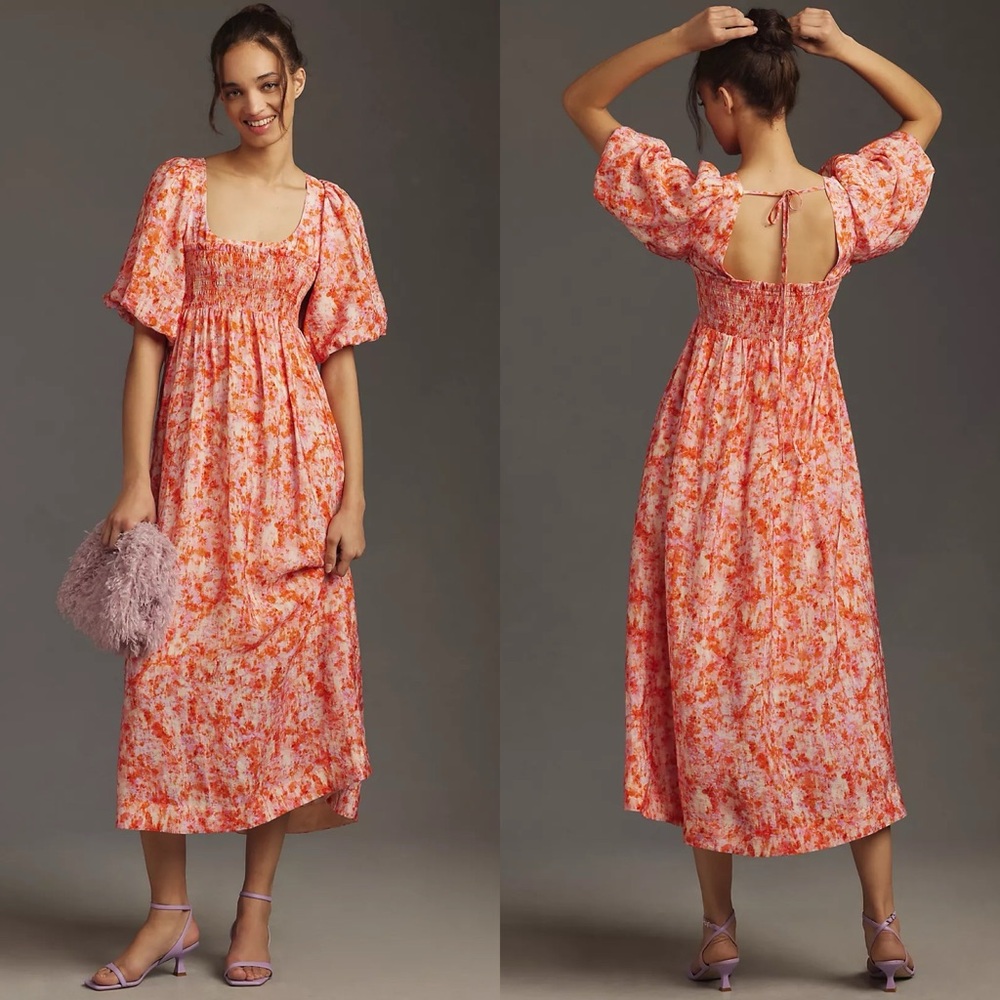 NWT Anthropologie Short-Sleeve Smocked Babydoll Midi Dress